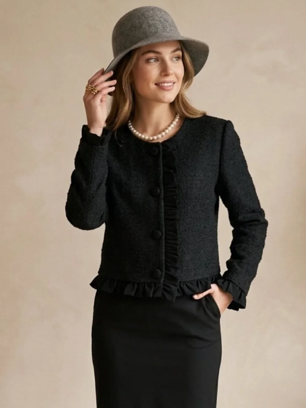 CeCe NWT Black Tweed Ruffle Trim Cropped Jacket Size 8 - Picture 2 of 16